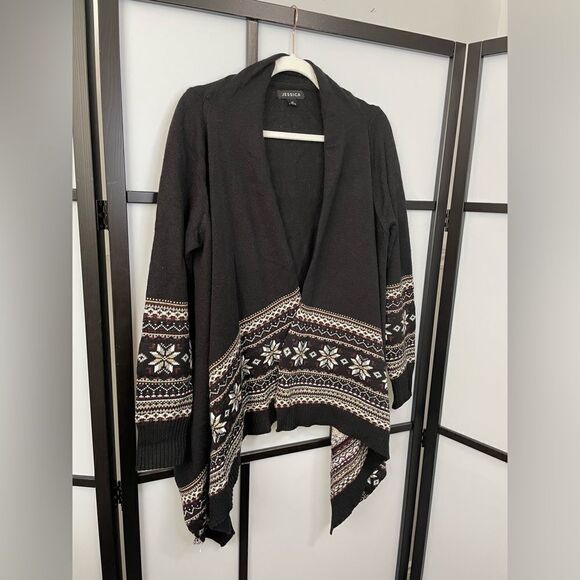 [L] Jessica Black Holiday Cardigan with Creme & Red Fair Isle Snowflake Print - Picture 4 of 10